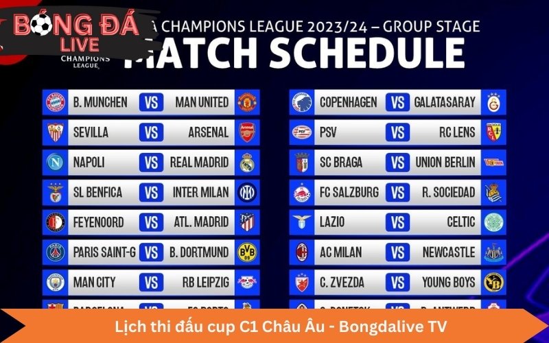 Lịch thi đấu cup C1 Châu Âu - Bongdalive TV